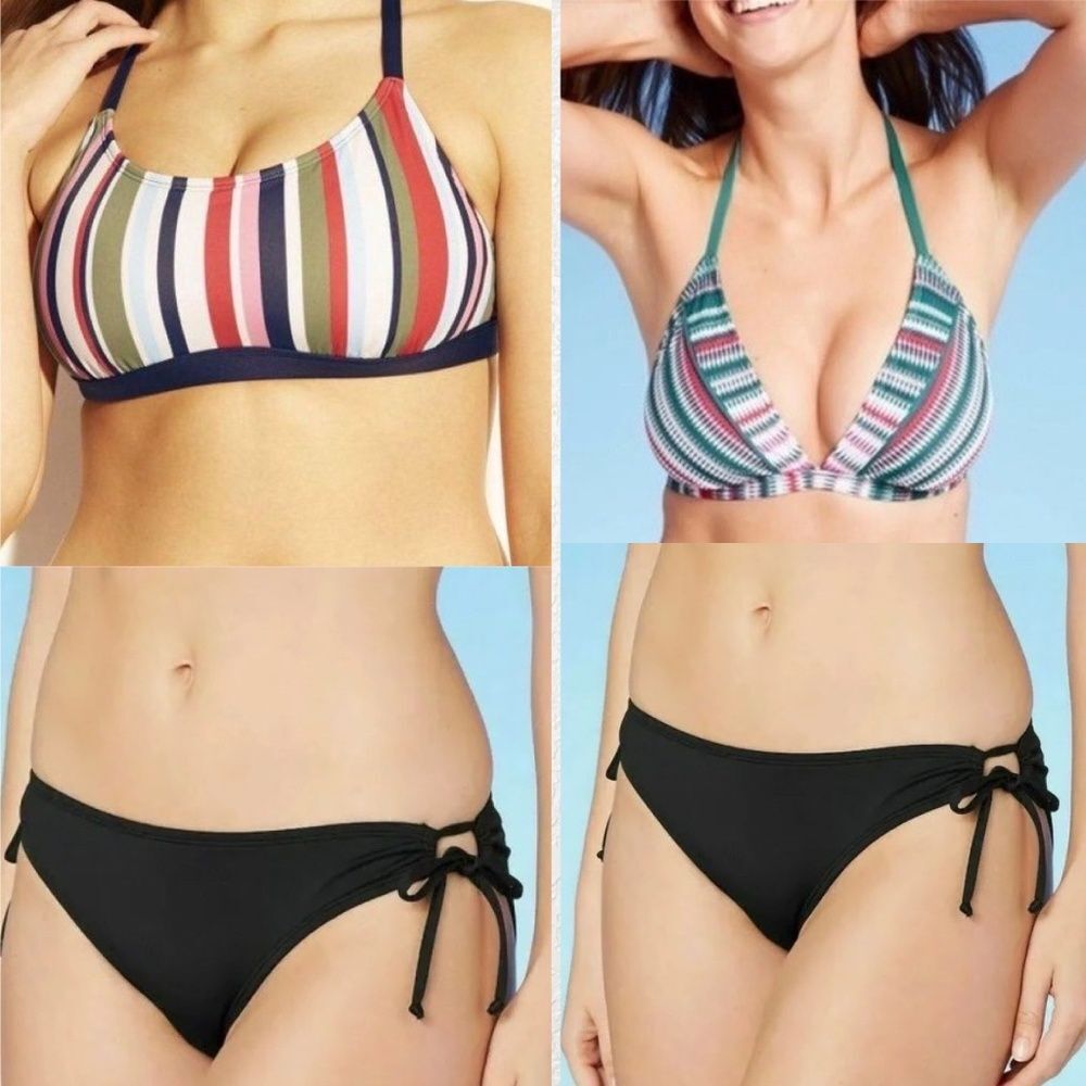 Kona Sol Mix & Match Multicolor Striped Padded Halter Adjustable Bikini Set DD S
